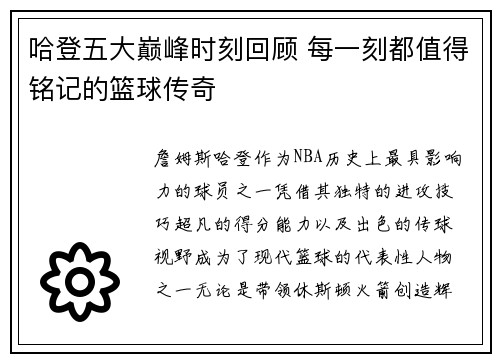 哈登五大巅峰时刻回顾 每一刻都值得铭记的篮球传奇